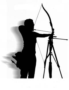 Black Silouette on white background. Visually impaired archer shooting her bow. Shades of gray shaddowing gives the silhouette depth.