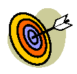 Animated cartoon of target with rotating colors of blue, orange and yellow rings. A big arrow in the center is black with white fletches. .