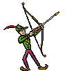 Animated cartoon of Robin Hood with a feather in his hat. He is pointing his bow into the sky. He pulls an arrow from behind him and shoots it.